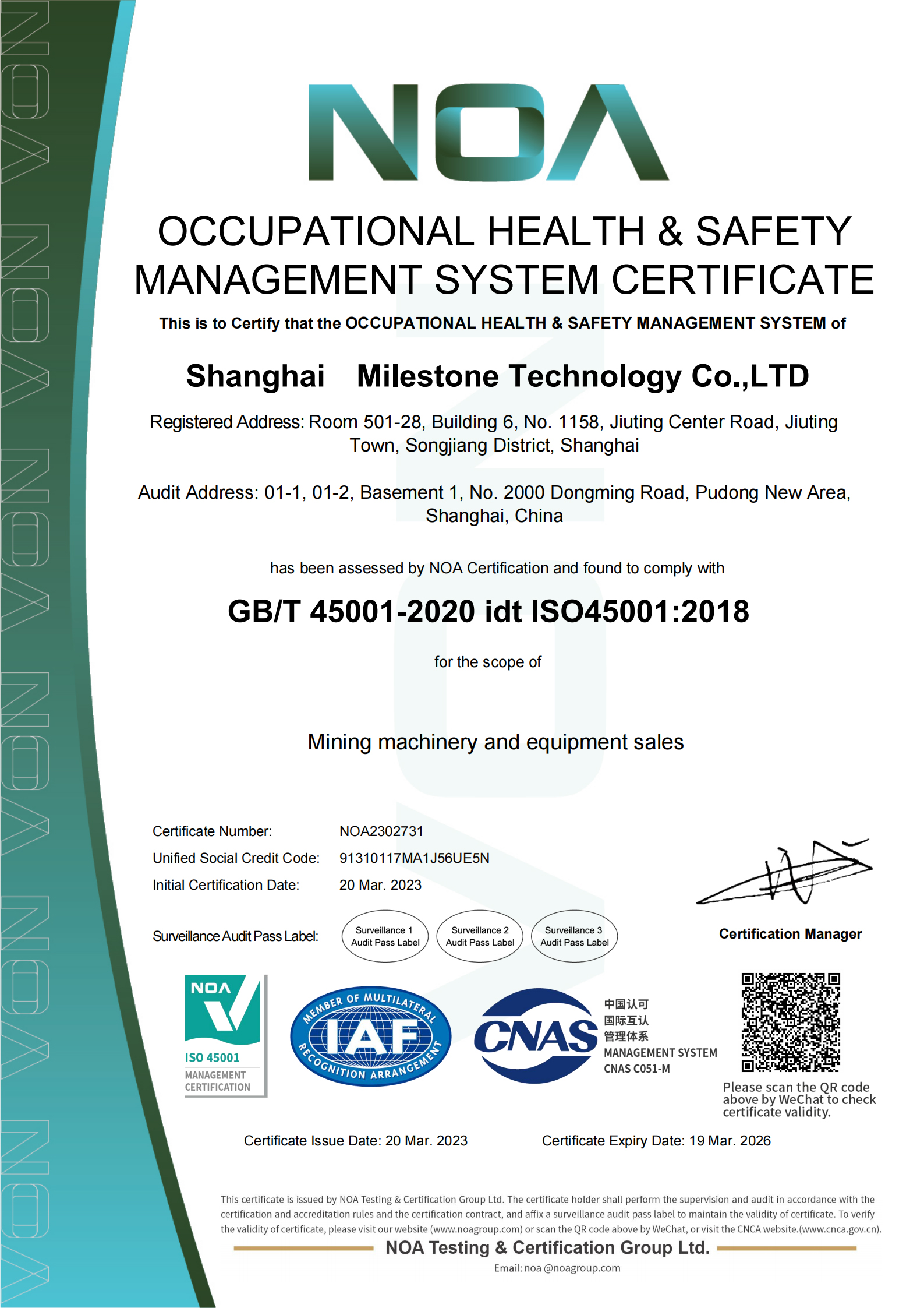 Occupational Health & Safety Management System Certificate